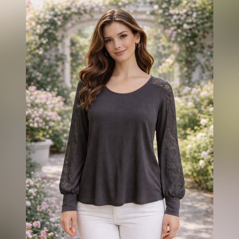 Cable & Gauge Blue Partial Lace Soft  Blouse